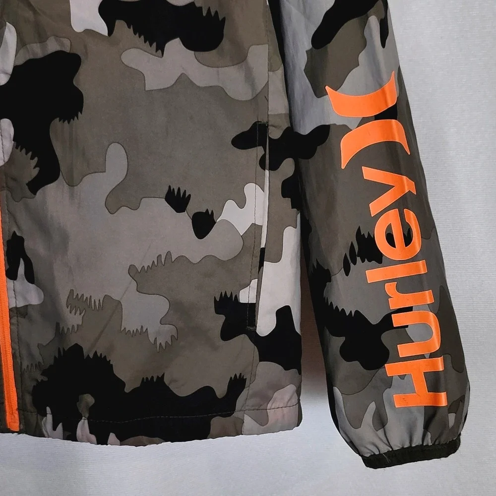 Hurley Full Zip Lightweight Hooded Windbreaker Jacket Boys Large Camo Orange‎